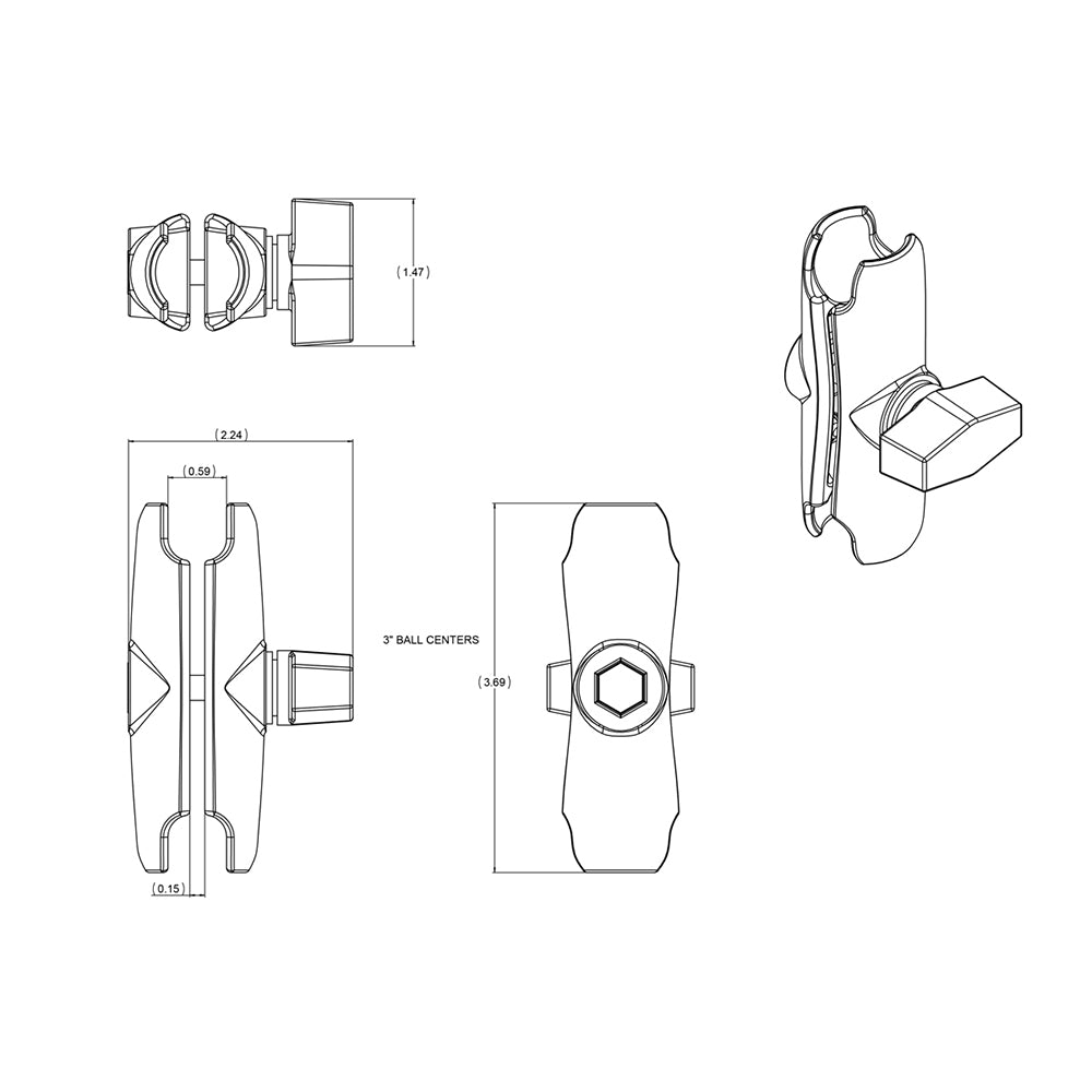 Ram Mounts RAM-B-201U Double Socket Arm 1" Ball Mount