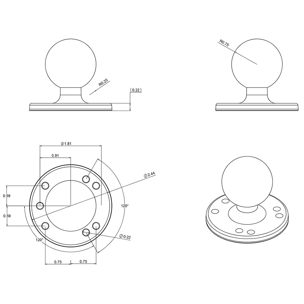 Ram Mounts RAM-202U Mount 2.5" Plate 1.5" Ball - Universal AMPS Hole Pattern