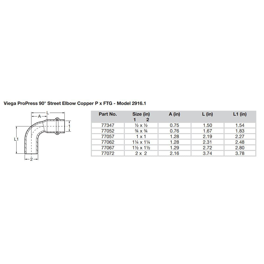 Viega 77347 ProPress 1/2" 90° Copper Elbow Street/Press Connection with Smart Connect Technology