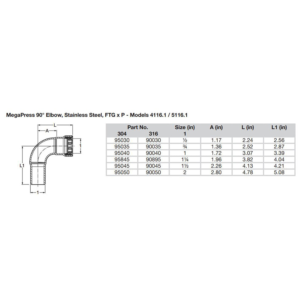 Viega 95035 Megapress 3/4" 90° Stainless Steel 304 Elbow Street Press