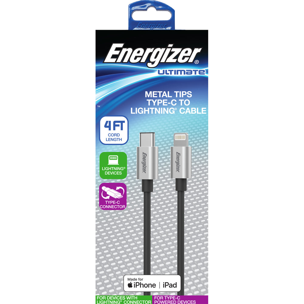 Energizer ENGUSL6BK 4Ft Metal Tips Type-C To Lightning Cable