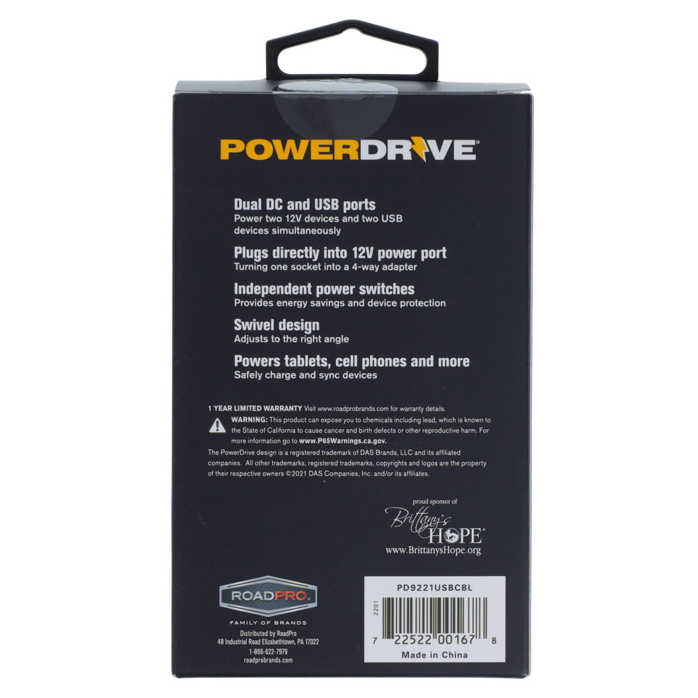 PowerDrive PD9221USBCBL 12V 2-Way Adapter Usb And Usb-C Ports