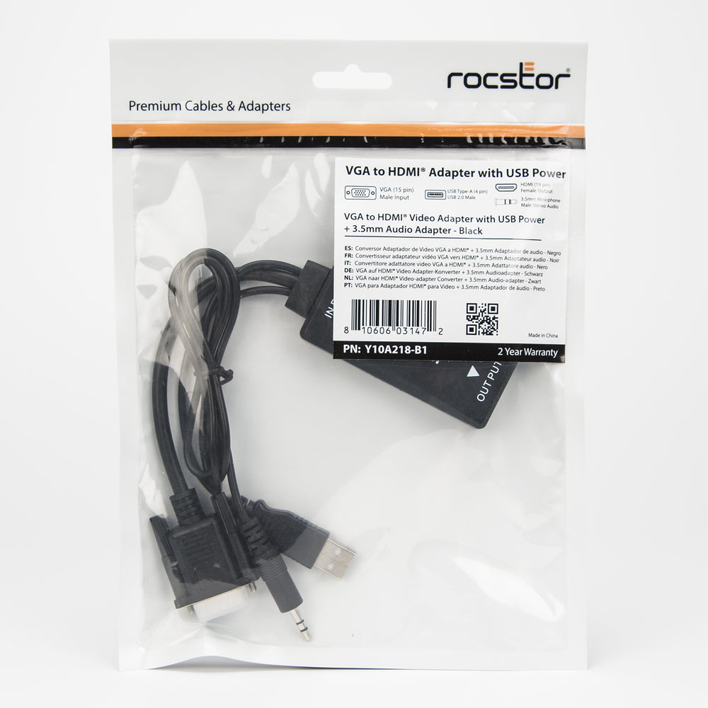 Rocstor Y10A218-B1 Vga To Hdmi M/F Adap Usb Audio And Pwr