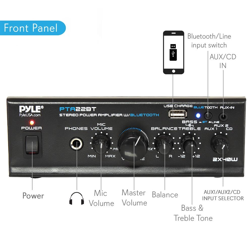 Pyle Pro PTA22BT 2x40W Bluetooth Mini Power Amplifier